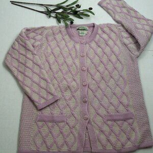 Aran Crafts Cardigan Sweater 100% Merino Wool Pink Cable Knit Made in Ireland M